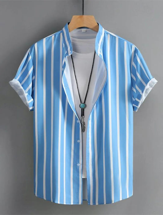 Men’s Band Collar Beach Shirt – Fashion Striped Button-Up
